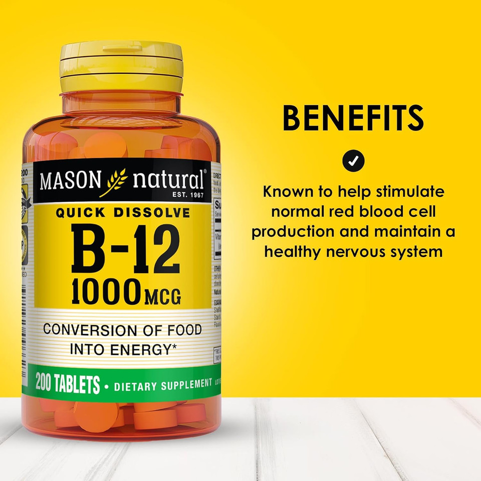 Mason Natural B,12 1000 Mcg Quick Dissolve, 300 Day Supply For Healthy Conversion Of Food Into Energy (3 Pack)