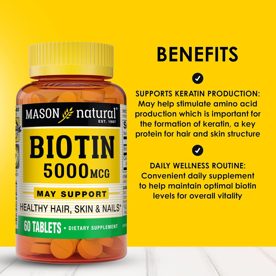 Mason Natural Biotin 5000 Mcg With Calcium - Healthy Hair, Skin & Nails, Premium Beauty Supplement, 60 Tablets