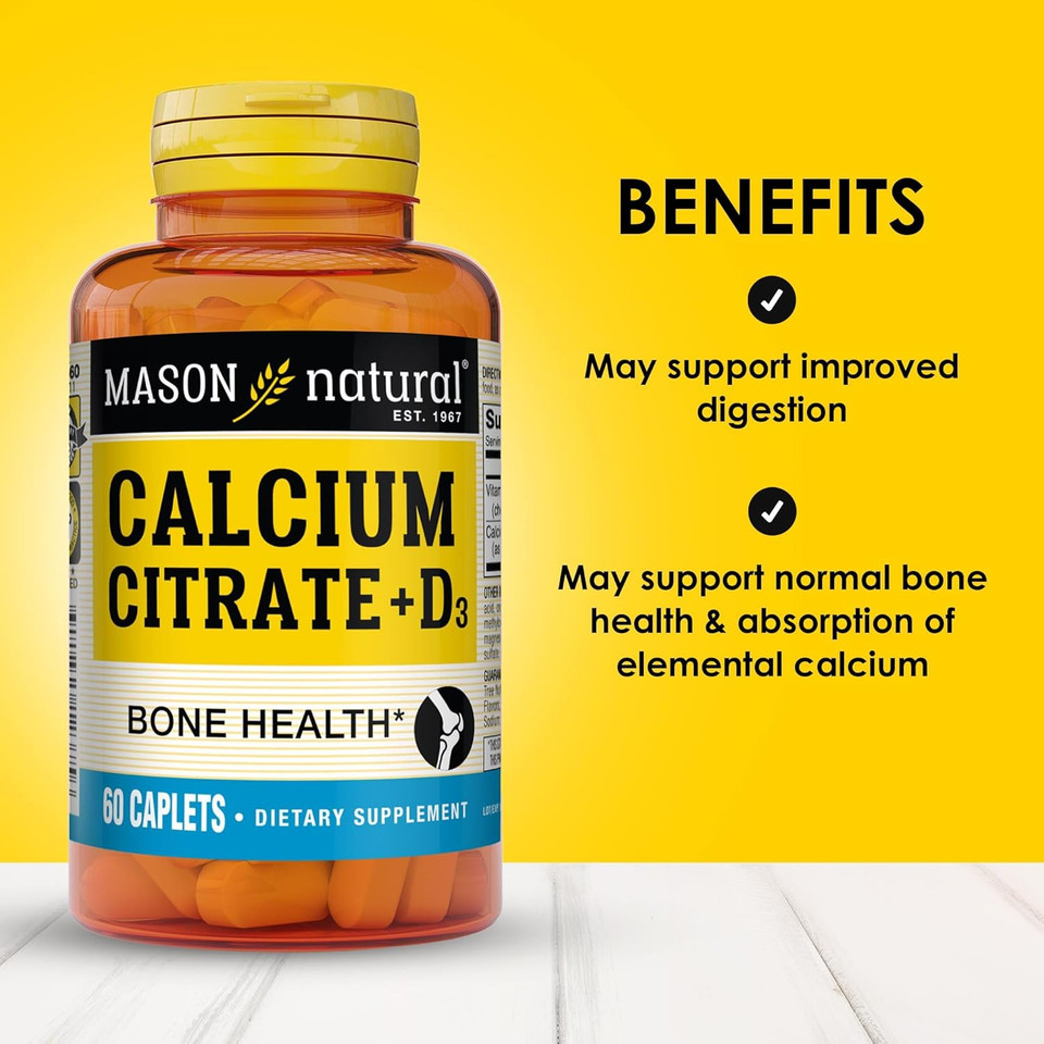 Mason Natural Calcium Citrate Plus Vitamin D3, 2 Month Supply, Strengthens Muscle Function & Bone Health, 60 Caplets