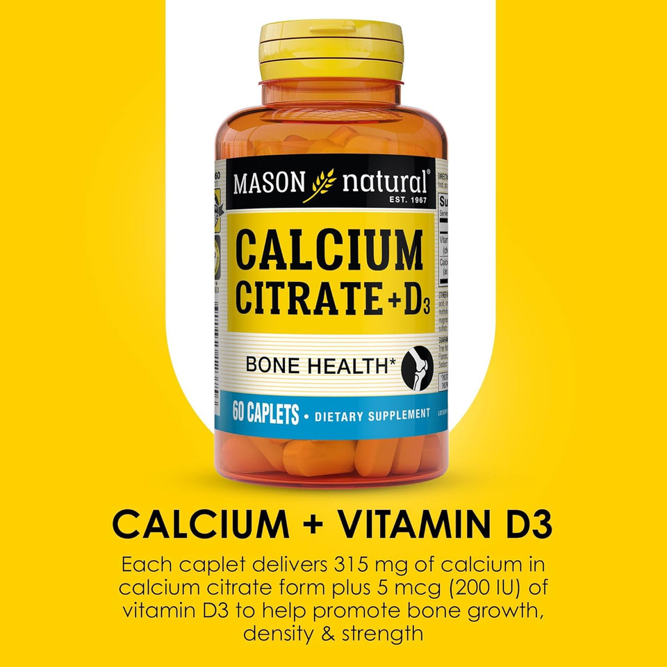 Mason Natural Calcium Citrate Plus Vitamin D3, 2 Month Supply, Strengthens Muscle Function & Bone Health, 60 Caplets