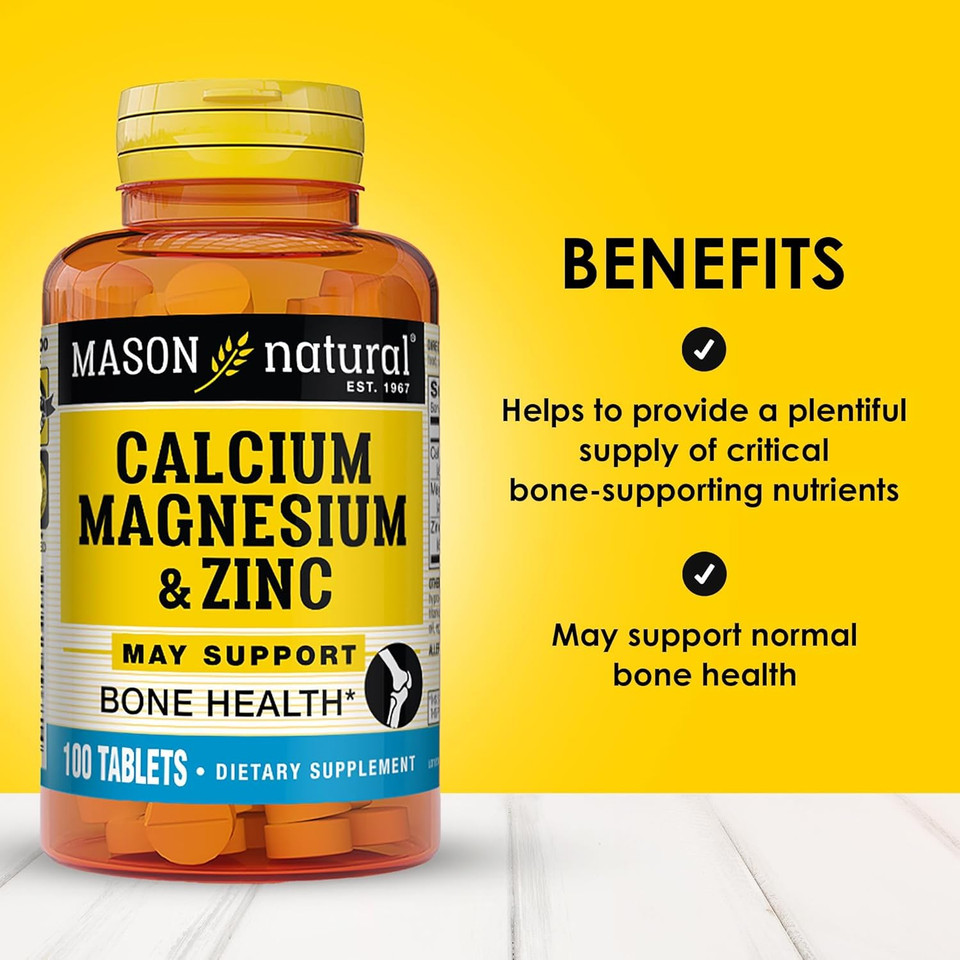 Mason Natural Calcium Magnesium & Zinc, 100-Day Supply, Supports Normal Bone Health & Immune System Booster, 1 Pack