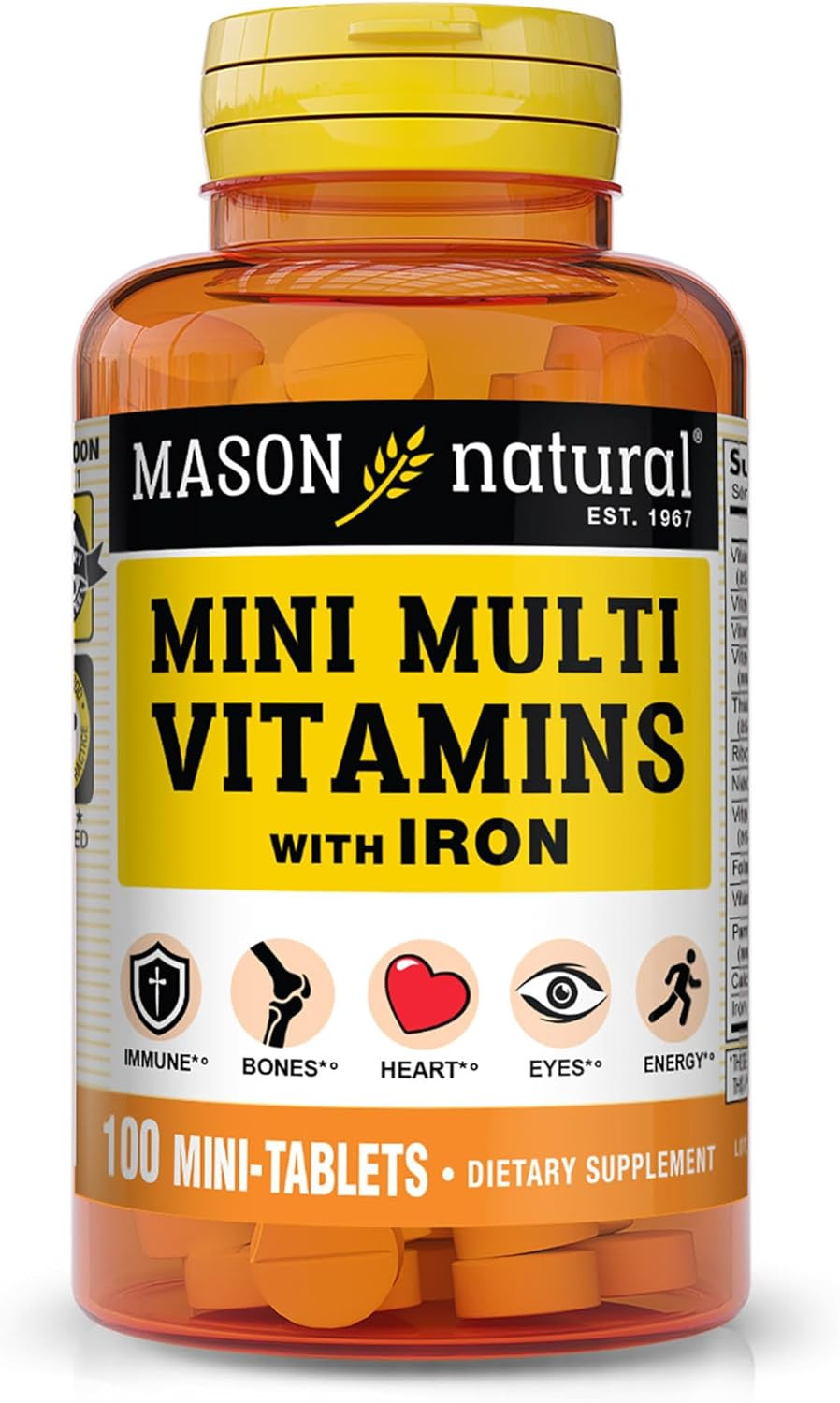 Mason Natural Daily Mini Multi Vitamins With Iron, Vitamins A, C, D, E, B1, B2, B3, B6, B12, Folate & Calcium, 100 Day Supply (1 Pack)