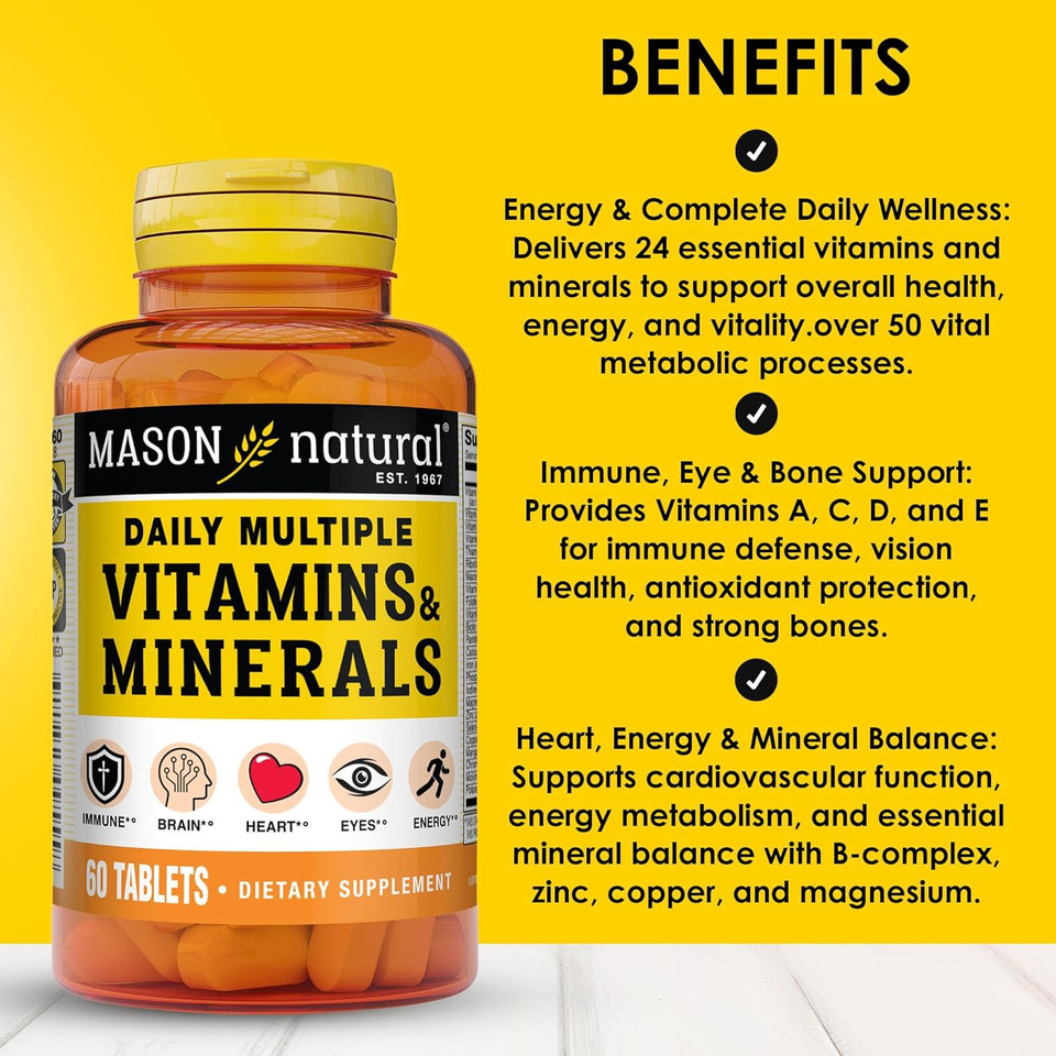 Mason Natural Daily Multiple Vitamins With Minerals, 24 Essential Nutrients For Overall Health, 60 Tablets