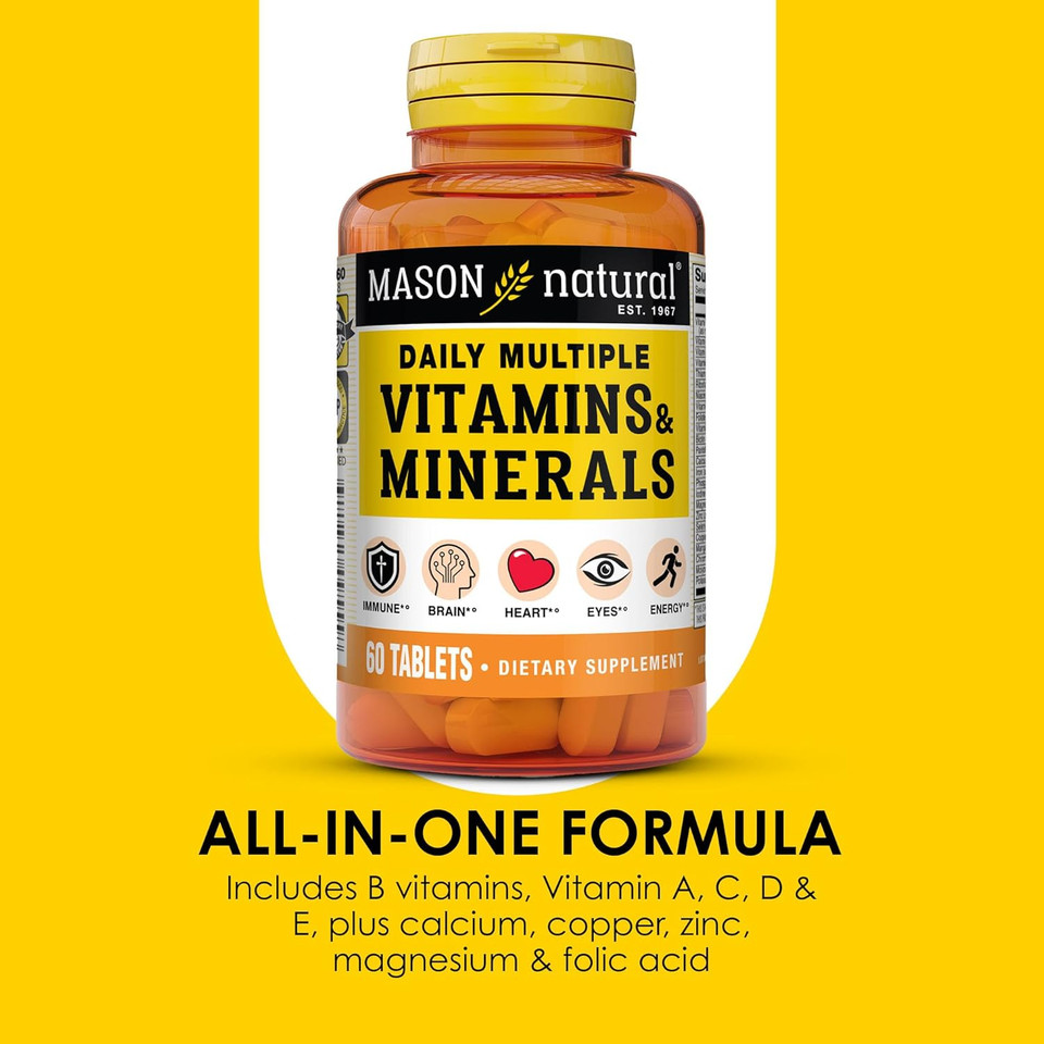 Mason Natural Daily Multiple Vitamins With Minerals, 24 Essential Nutrients For Overall Health, 60 Tablets