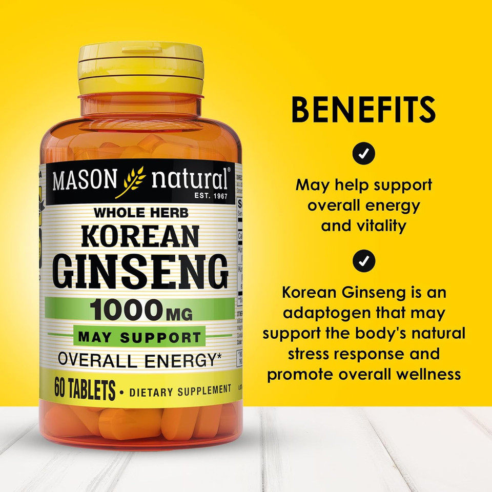 Mason Natural Korean Ginseng 1,000 Mg, Supports Energy, Endurance & Vitality, 60 Tablets