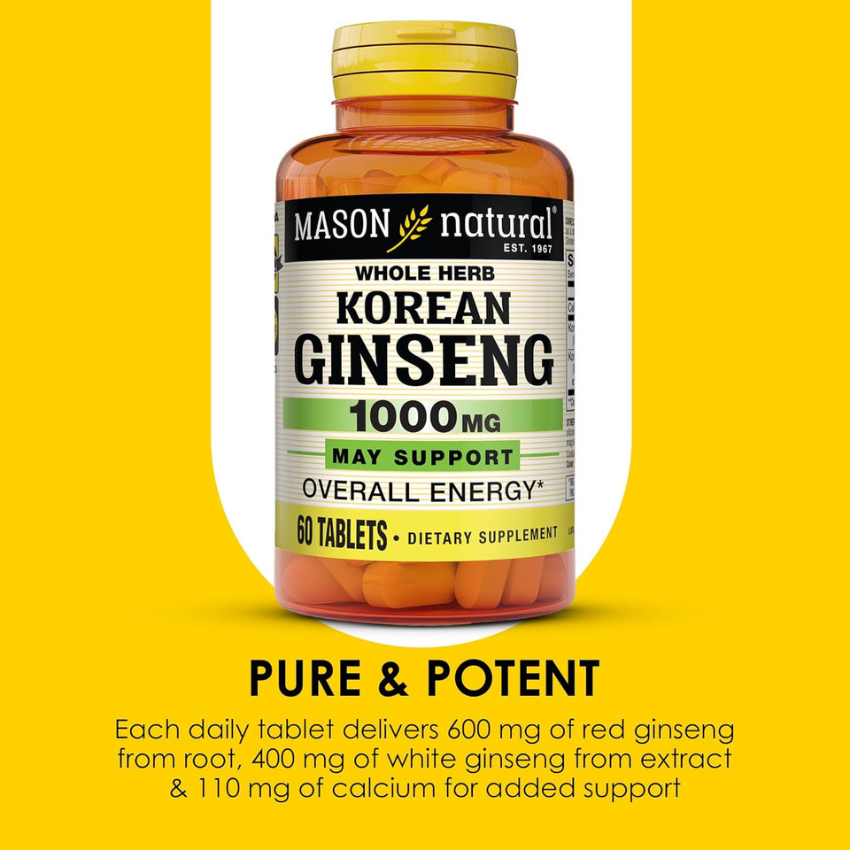 Mason Natural Korean Ginseng 1,000 Mg, Supports Energy, Endurance & Vitality, 60 Tablets