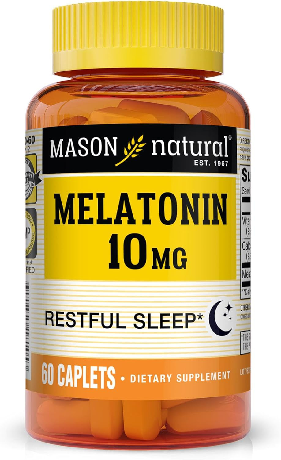 Mason Natural Melatonin 10 Mg With B6 And Calcium, Natural Sleep Aid, Supports Healthy Sleep & Rest, 60 Caplets