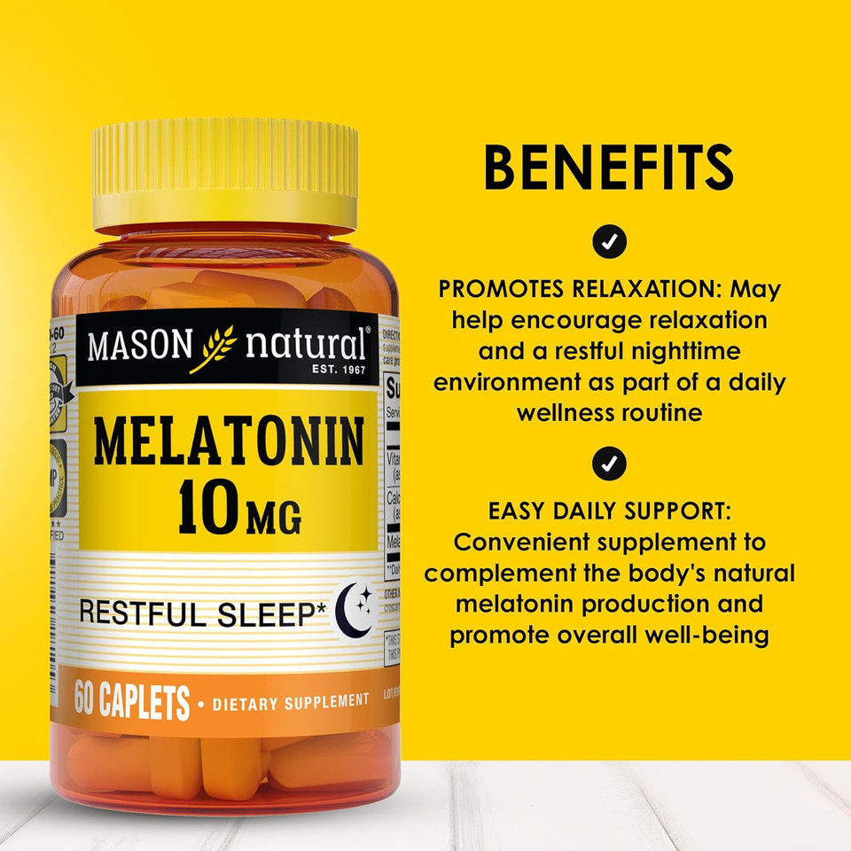 Mason Natural Melatonin 10 Mg With B6 And Calcium, Natural Sleep Aid, Supports Healthy Sleep & Rest, 60 Caplets