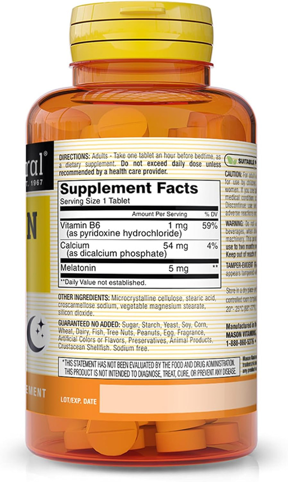 Mason Natural Melatonin 5 Mg With B6 & Calcium, Natural Sleep Aid, Supports Restful Sleep, 300 Tablets