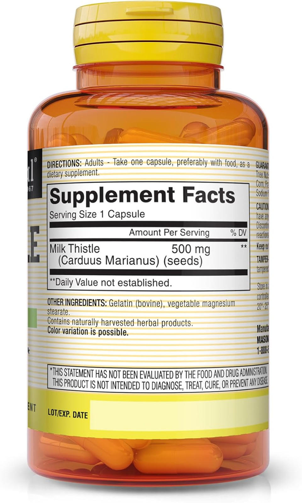 Mason Natural Milk Thistle 500 Mg - Support Healthy Liver Function, Cleanse And Detox, Herbal Dietary Supplement, 60 Capsules