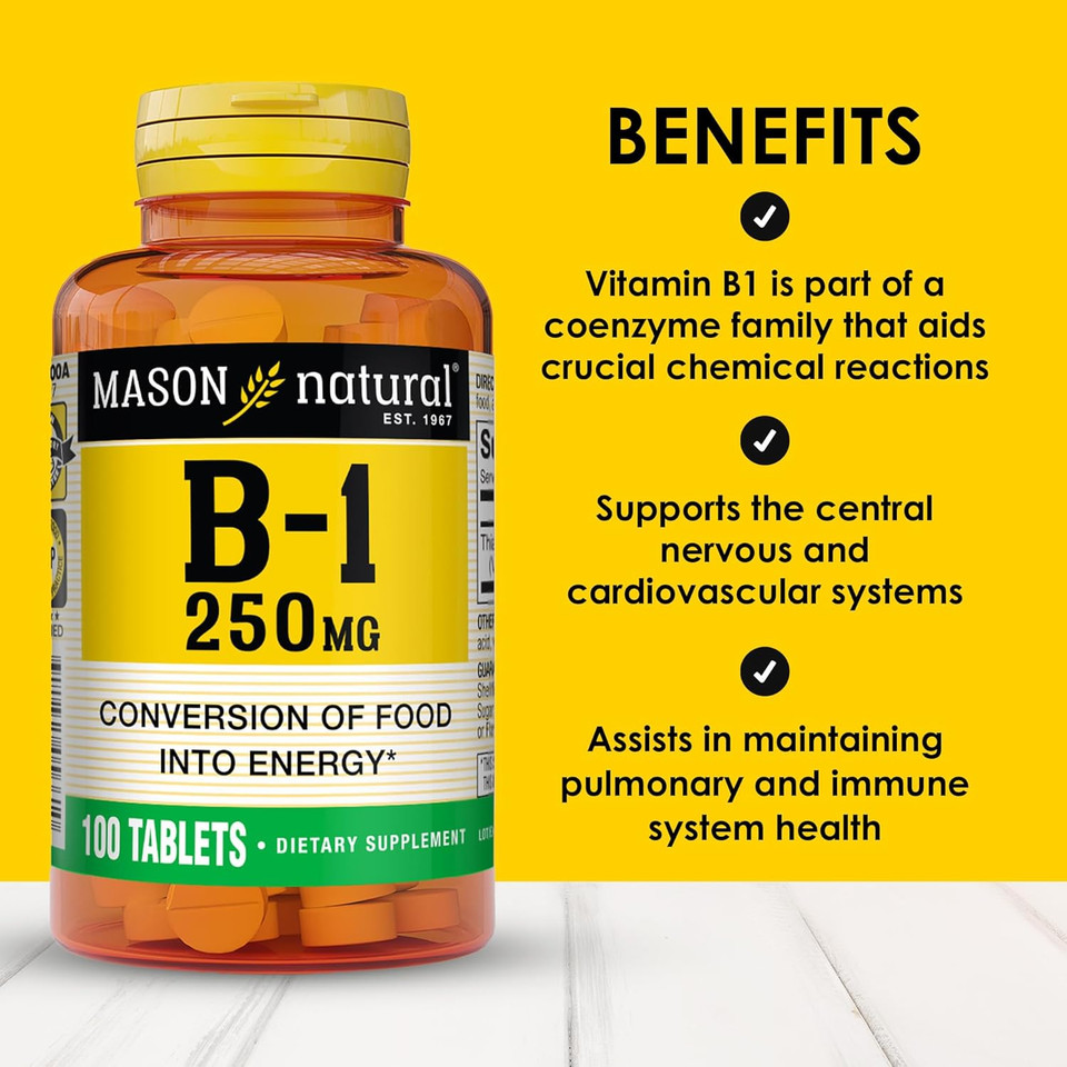 Mason Natural Vitamin B,1 Thiamine 250 Mg, 100 Day Supply Dietary Supplement, Easy,To,Swallow Tablets, Support Energy Production & Healthy Metabolism