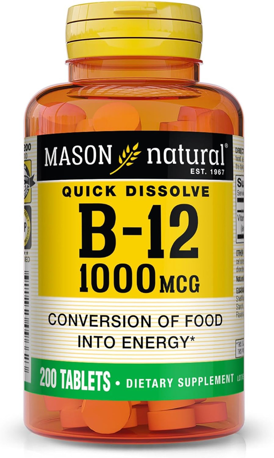 Mason Natural Vitamin B12 1000 Mcg, Quick Dissolve Sublingual Tablets, Energy, Nerve & Red Blood Cell Support, Fast Absorption B,Complex Supplement, 100 Tablets