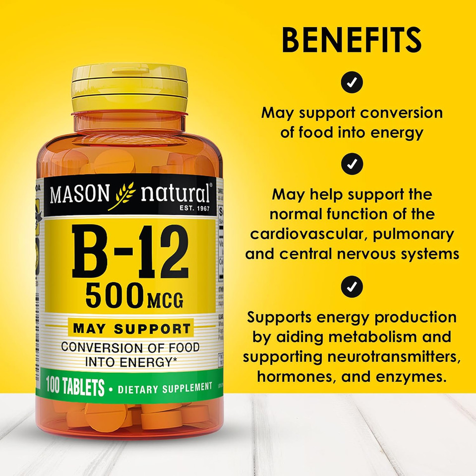Mason Natural Vitamin B12 250 Mcg With Calcium - Healthy Conversion Of Food Into Energy, Supports Nerve Function And Health, 100 Tablets