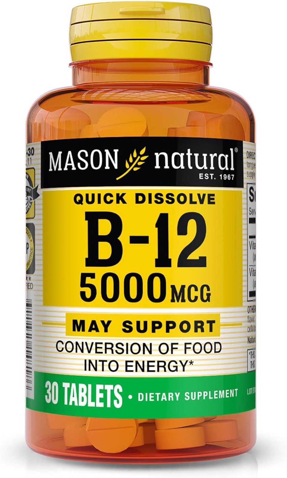 Mason Natural Vitamin B12 5,000 Mcg (Cyanocobalamin) - Supports Conversion Of Food Into Energy, Dissolves Under Tongue (Raspberry Flavor), 30 Tablets