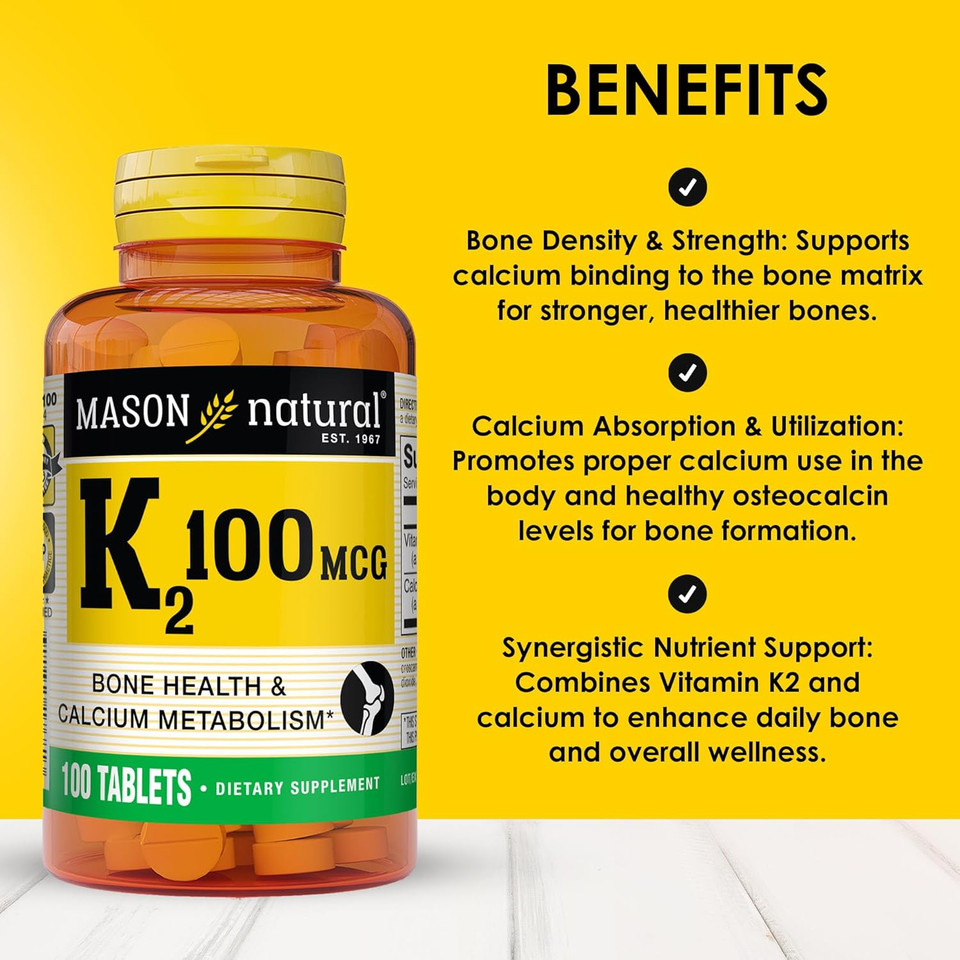 Mason Natural Vitamin K2 100 Mcg With Calcium, Supports Bone, Heart & Muscle Health, 100 Tablets