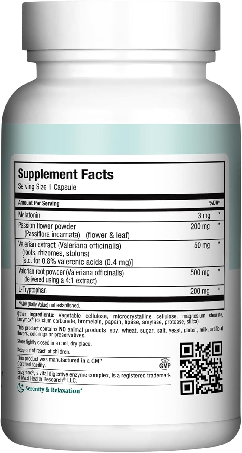 Maxi Health Adults Herbal Sleep-O-Max With Valerian Root, Melatonin, Tryptophan, Passionflower - Natural Sleep Supplement - Calm Sleep Support Formula