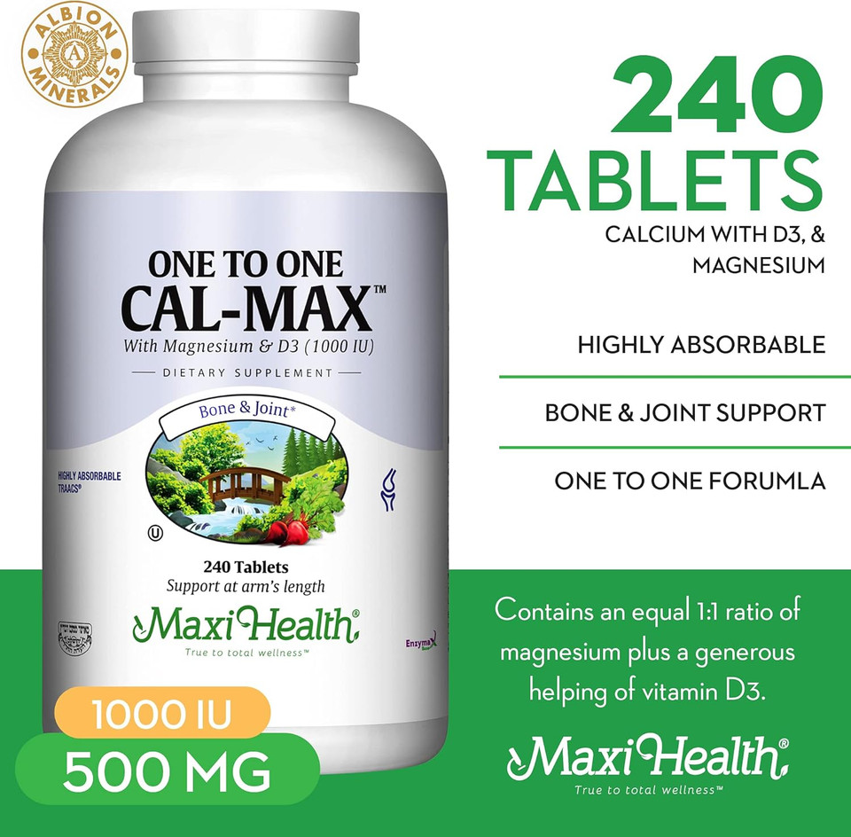 Maxi Health Calcium 1000 Mg Supplement With Vitamin D3 (1000 Iu) And Magnesium (500 Mg) - Bone, Teeth And Joint Support For Men And Women - 360 Capsules - Maxi Cal