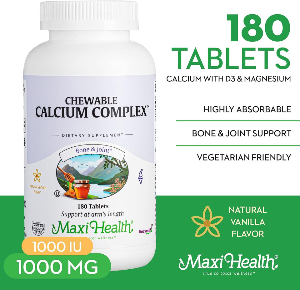 Maxi Health Chewable Calcium Complex  Vanilla Flavor Vitamin D3 And Magnesium Chewables To Help Support Bones  Kosher Magnesium And Calcium Supplement For Women And Men (180 Count)