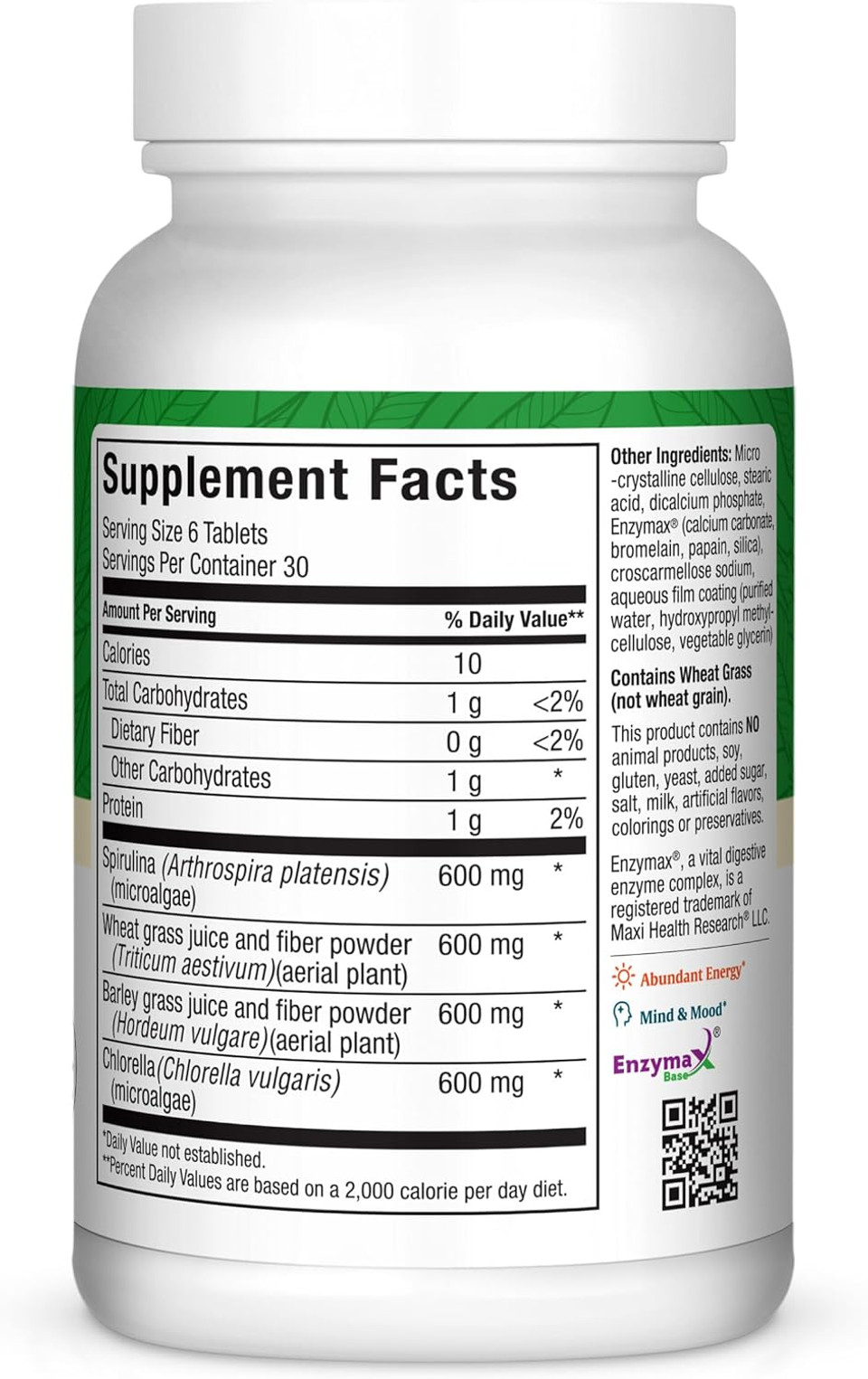 Maxi Health Green Vitality - Green Superfood - Energy And Mood Formula - 180 Tablets - Kosher