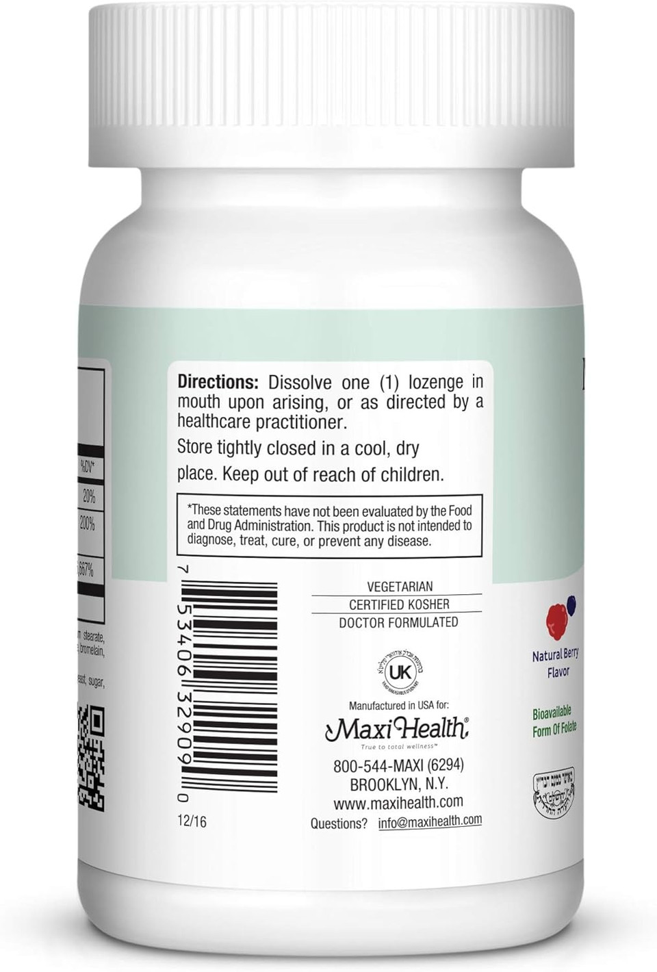 Maxi Health Methyl Folate Lozenges With B12 & B6, Flavored Memory, Cardiovascular Health Hormone & Immune Support Gluten Free, Kosher Berry, 90 Count