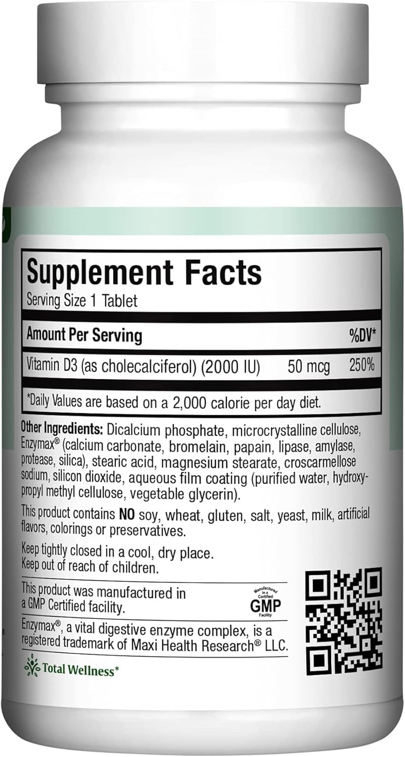 Maxi Health Vitamin D3 2000 Iu - For Healthy Muscle Function, Bone Health And Immune Support  180 Tablets  Best Kosher Supplement For Adults