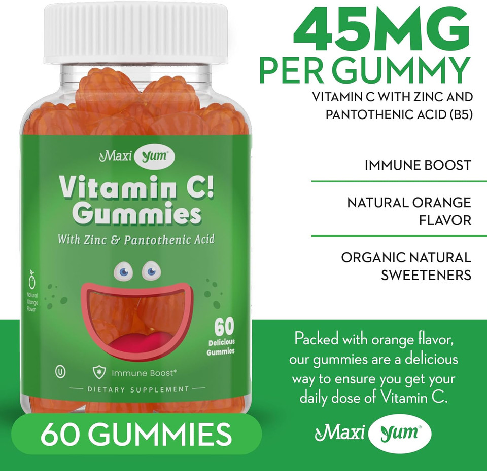 Maxi-Health Vitamin C Gummies With Zinc - Maxi-Health Vitamin C With Zinc For Children And Adults - Respiratory Support And Immune Booster - No Preservatives And Artificial Flavors - 60 Fruit Shaped Gummies