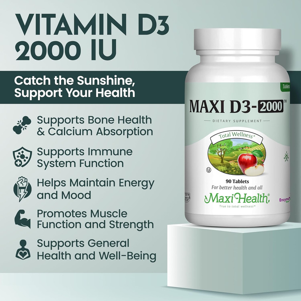 Maxi-Health Vitamin D3 2000 Iu - For Healthy Muscle Function, Bone Health And Immune Support  90 Tablets  Best Kosher Supplement For Adults