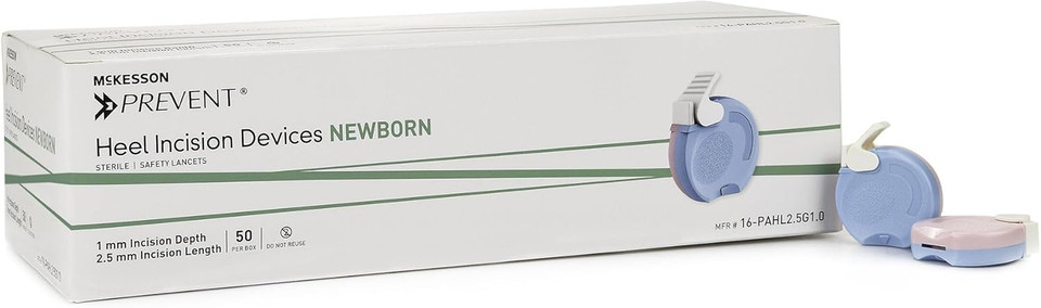 Mckesson Prevent Pediatric Heel Incision Lancet For Newborns - Retractable, Push Button Activated Device - Ideal For Newborn Blood Testing - Sterile, Single Use, 2.5 Gauge, 1.0 Mm Depth, 50 Count, 1
