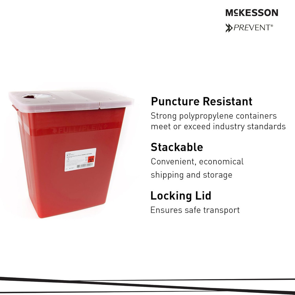 Mckesson Prevent Sharps Container, Biohazard, Locking Lid, Red, 8 Gal, 13 3/4 In X 13 3/4 In X 14 In