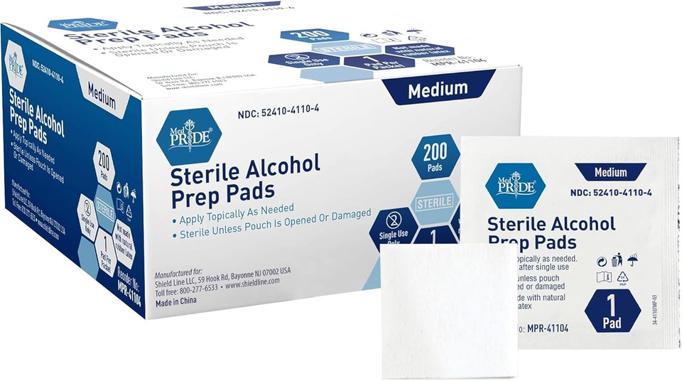 Med Pride Sterile Alcohol Prep Pads, Antiseptic, Individually Wrapped, Medical Grade, Latex Free, 2 Ply, 100 Count