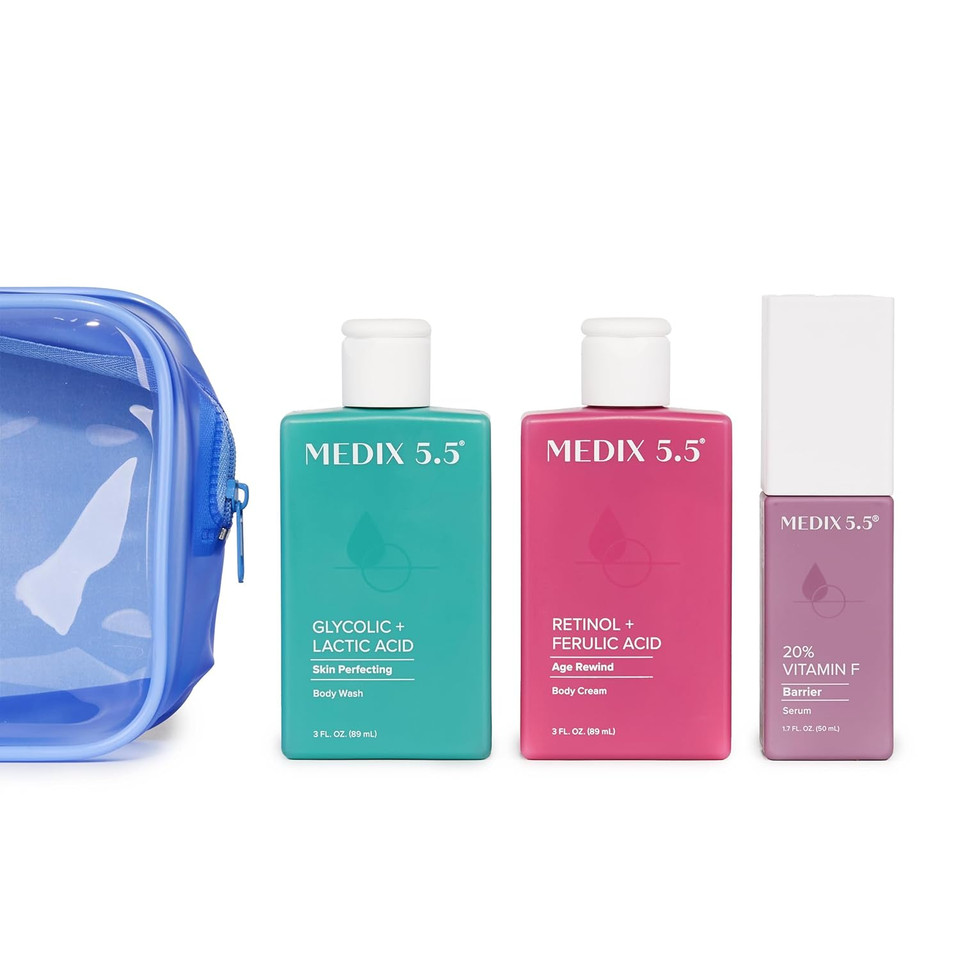 Medix 5.5 Best Sellers Travel Kit Skin Care Set - Retinol Body Lotion + Glycolic Acid Exfoliating Body Wash + 20% Vitamin F Body Oil 3Pc Skincare Set | Crepey Skin Care Treatment, 3 Piece Travel Kit