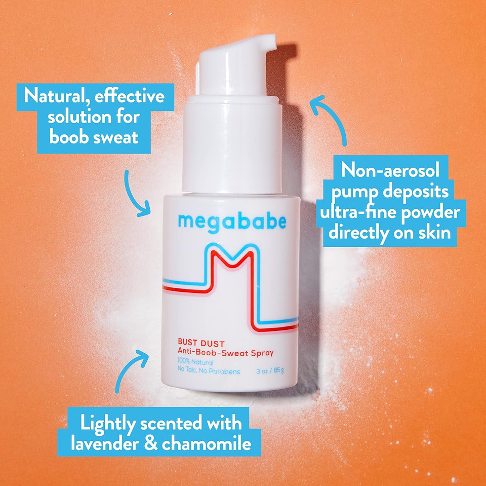 Megababe Sweat Absorbing Body Powder - Bust Dust, With Applicator Pump, Talc-Free, All Natural, 3 Oz