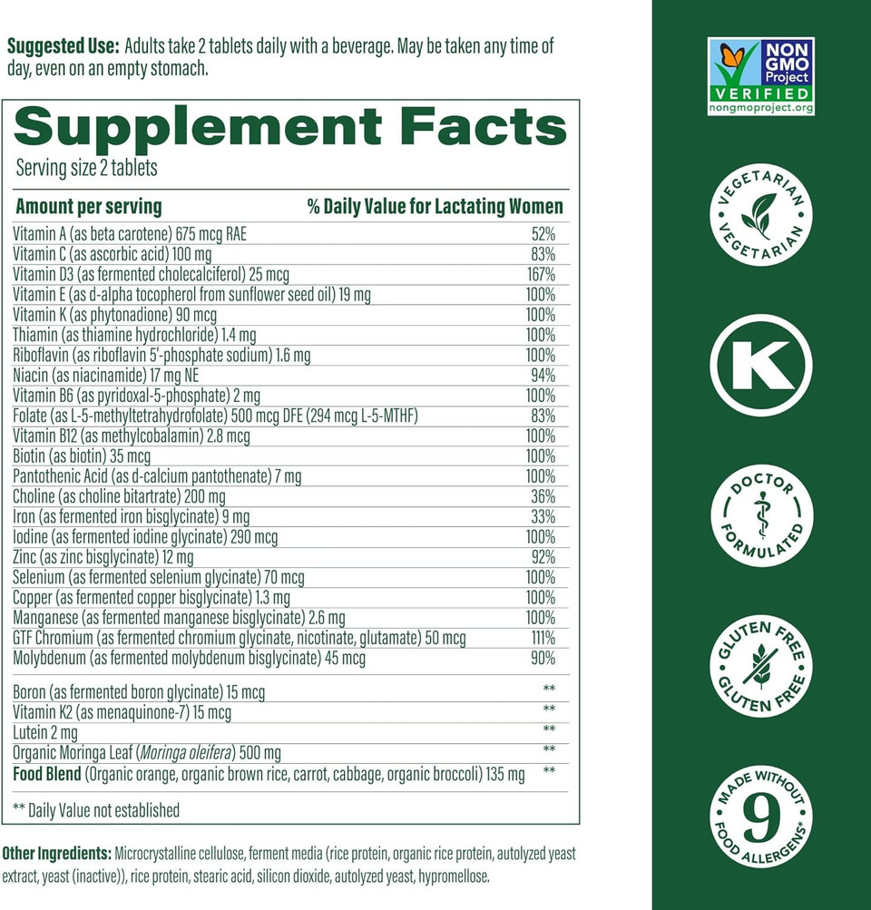 Megafood Baby & Me 2 Postnatal Vitamins For Women Breastfeeding With Folate (Folic Acid Natural Form), Choline, Iodine, Vitamin D, Moringa Leaf And More - 120 Tabs (60 Servings)