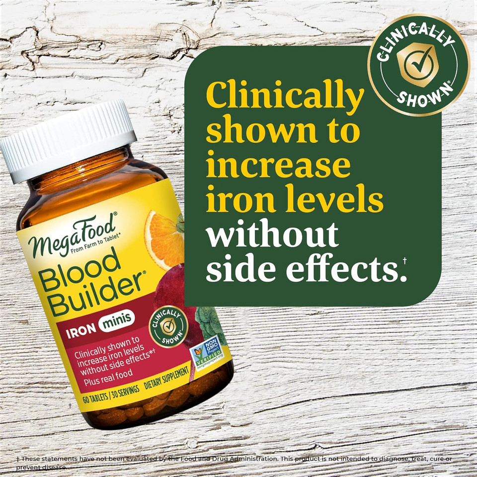 Megafood Blood Builder Minis, Iron Supplement Clinically Shown To Increase Iron Levels Without Side Effects - Vegan Supplement With Vitamin C, Vitamin B12 & Folic Acid, 60 Tablets (30 Servings)