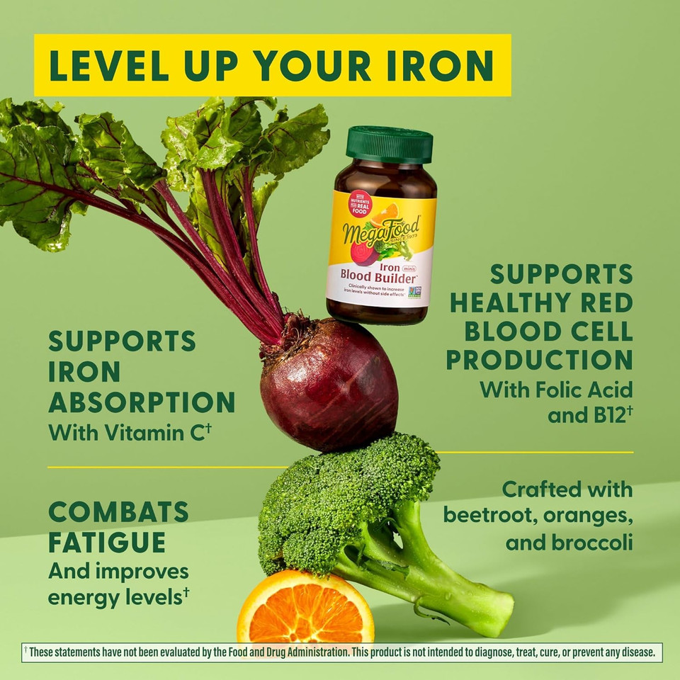 Megafood Blood Builder Minis, Iron Supplement Clinically Shown To Increase Iron Levels Without Side Effects - Vegan Supplement With Vitamin C, Vitamin B12 & Folic Acid, 72 Tablets (36 Servings)