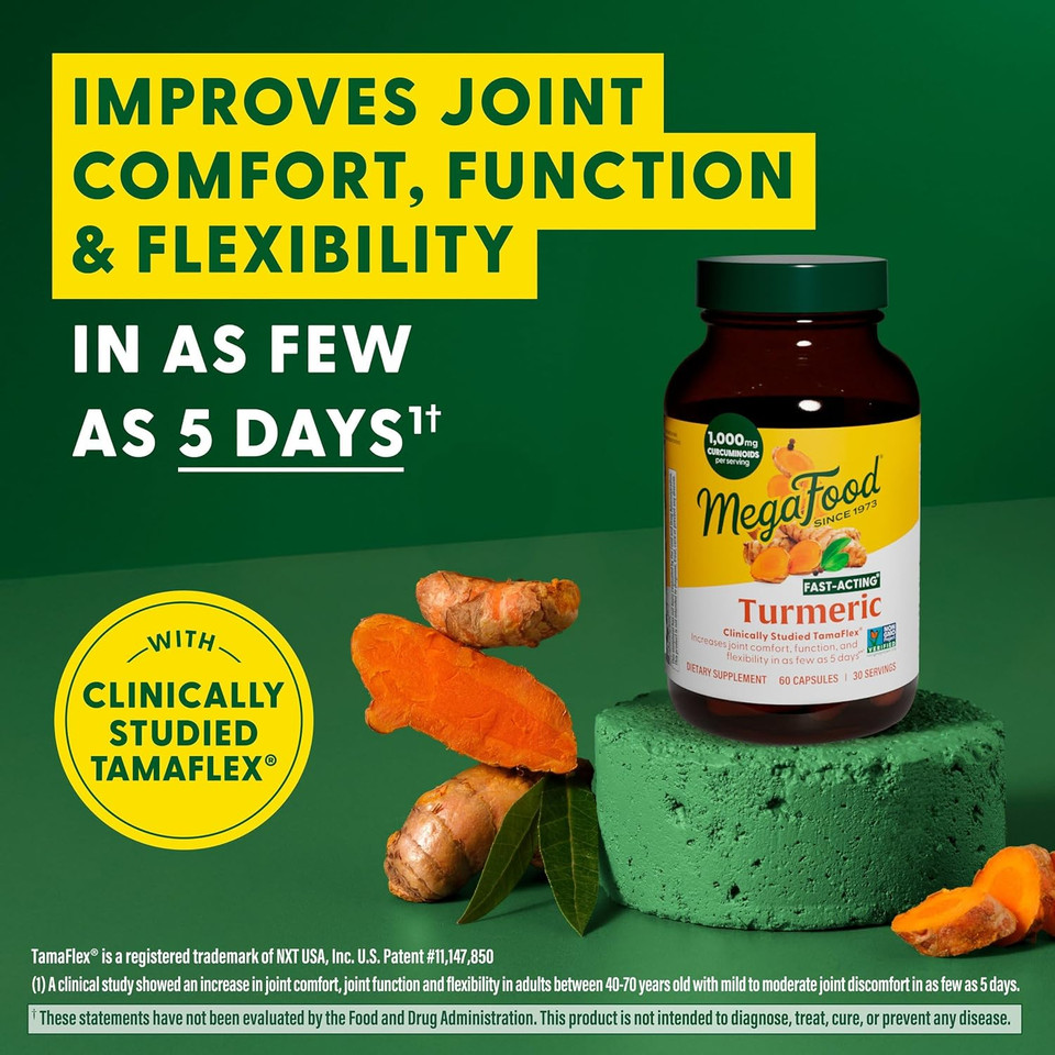 Megafood Fast-Acting Turmeric Supplement - Clinically Studied - Joint Supplements For Men And Women - With Black Pepper For Absorption - 1,000 Mg Curcuminoids Per Serving - 60 Capsules, 30 Servings