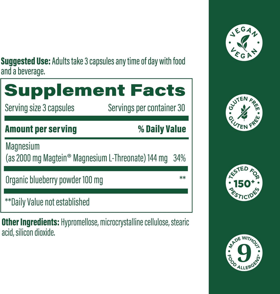 Megafood Magtein Magnesium L-Threonate - Magnesium Supplement 2000Mg Per Serving - Supports Short-Term Memory, Focus, Alertness & Normal Sleep Cycles - Vegan, Gluten Free - 90 Capsules, 30 Servings