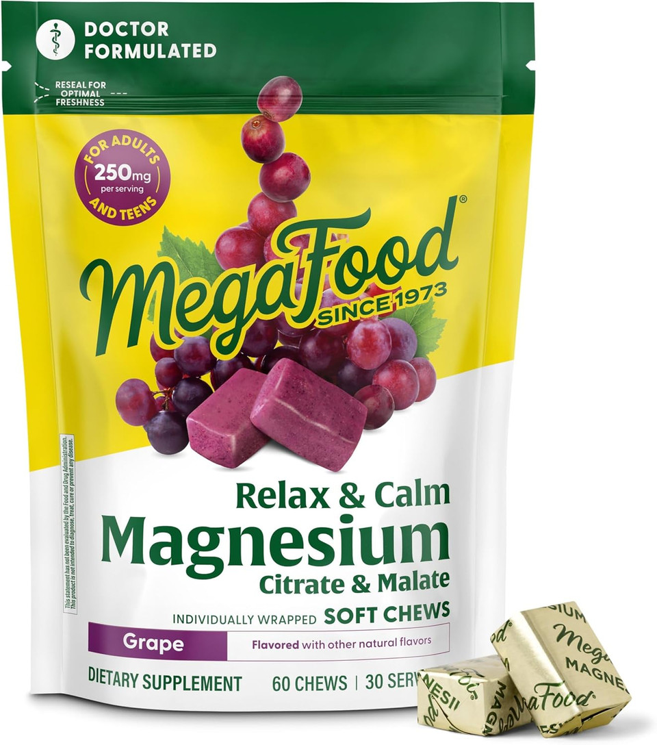 Megafood Relax + Calm Magnesium Supplement - Soft Chews With Magnesium Citrate & Malate For Heart Health, Muscle Tension & More - Vegetarian - Grape-Flavor - 60 Chews (30 Servings)