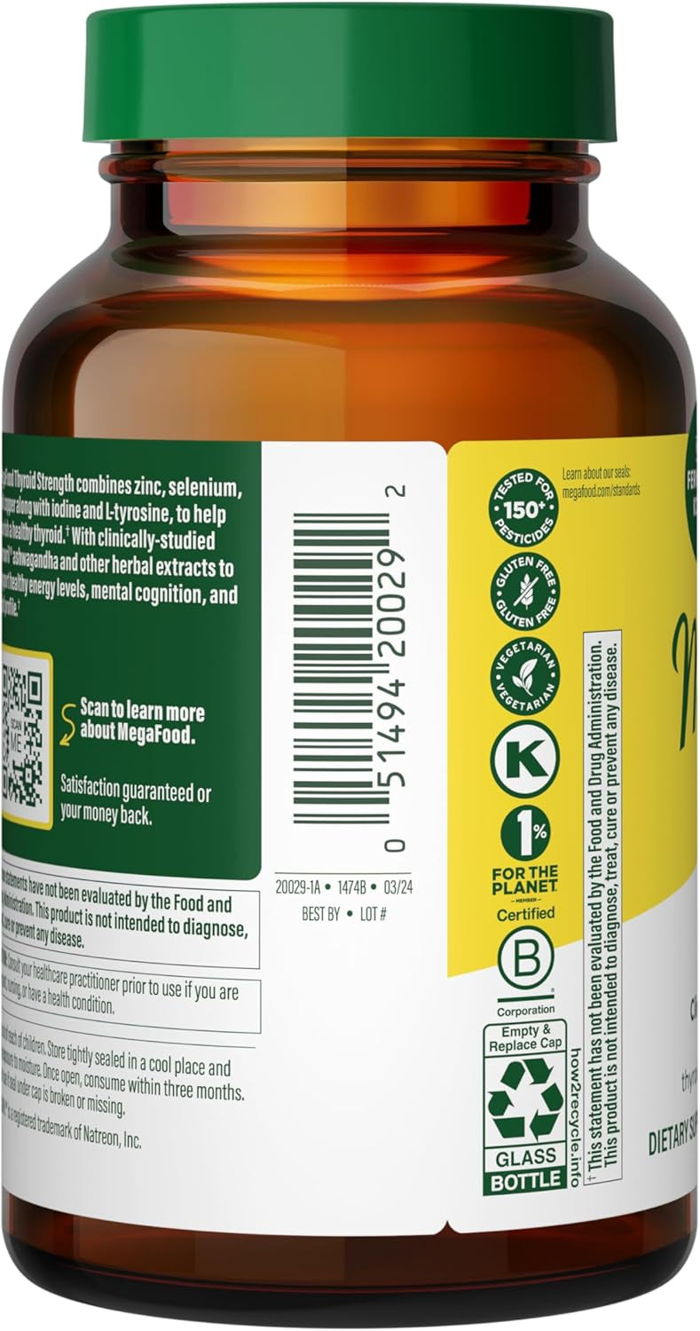 Megafood Thyroid Strength - Mineral Supplement - Thyroid Support For Women With Ashwagandha, Zinc, Selenium, Copper, Iodine And Ltyrosine & Herb Blend - Vegetarian - 90 Tabs (45 Servings)