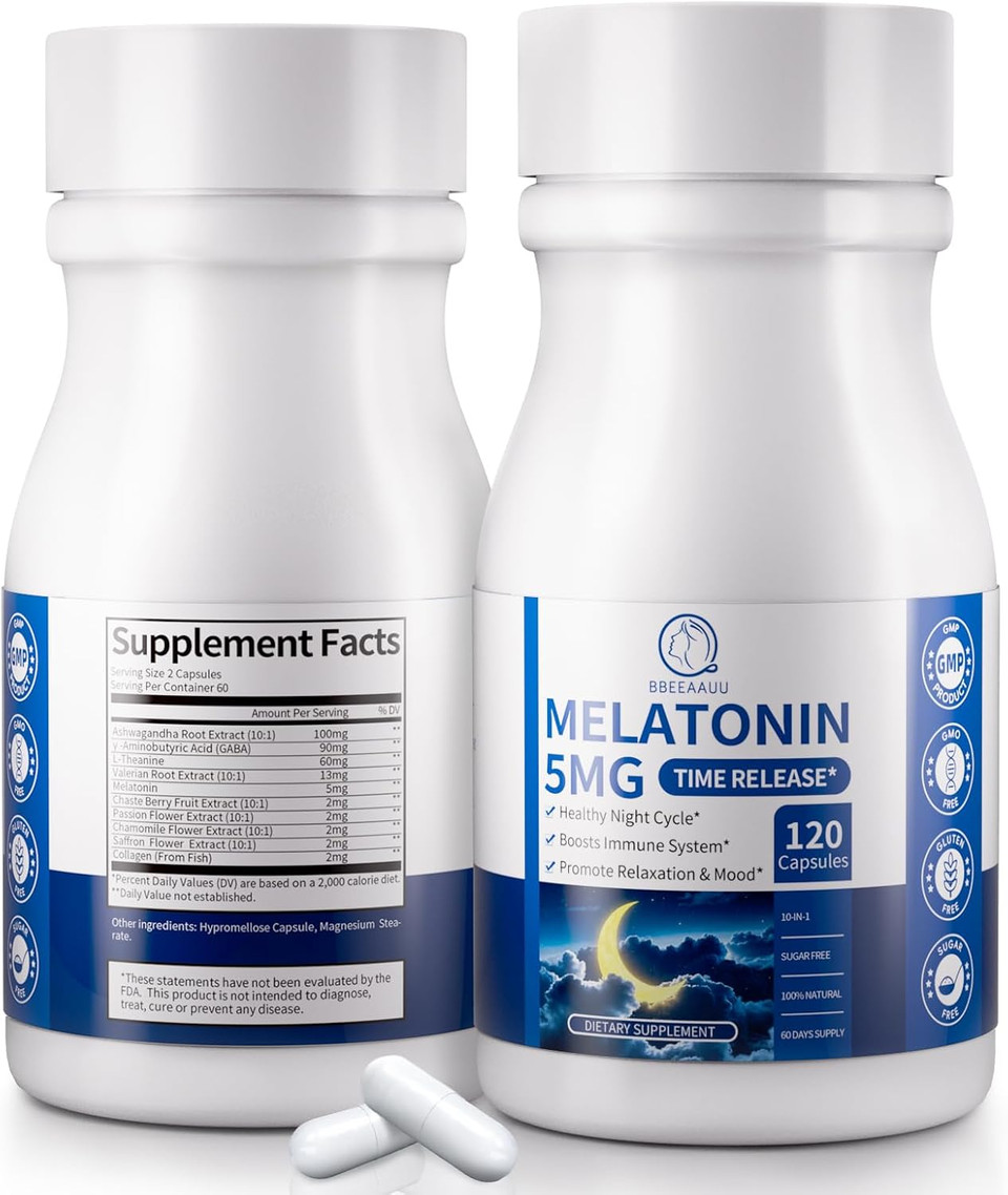 Melatonin 5Mg Extended Release Supplements - Women Men Night Support, Relaxation & Immune - 10-In-1 Melatonin Capsules With Ashwagandha & Gaba, Sugar Free, 120 Capsules, 60-Day Supply