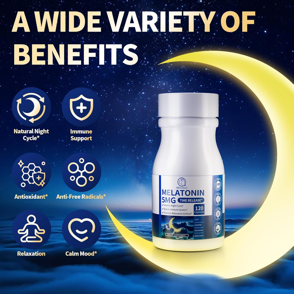 Melatonin 5Mg Extended Release Supplements - Women Men Night Support, Relaxation & Immune - 10-In-1 Melatonin Capsules With Ashwagandha & Gaba, Sugar Free, 120 Capsules, 60-Day Supply