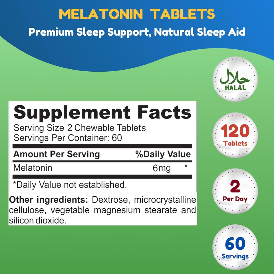 Melatonin Chewable Tablets - Sleep Support For Adults - For Regulated Sleep Cycle - Non-Gmo & Keto Friendly, 6Mg 60 Servings, 3Mg 120 Servings