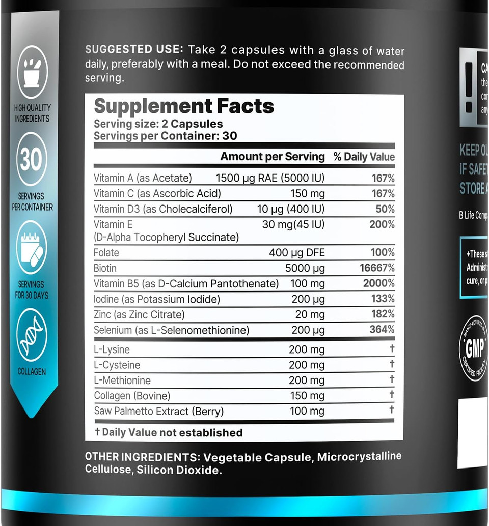 MenS Hair Supplement  60 Capsules  Biotin For Hair Growth Men  Hair Vitamins For Hair Loss For Men  Hair Supplements For Hair Growth With Collagen, Zinc, Selenium, Vitamins A,C,D,E  30 Servings