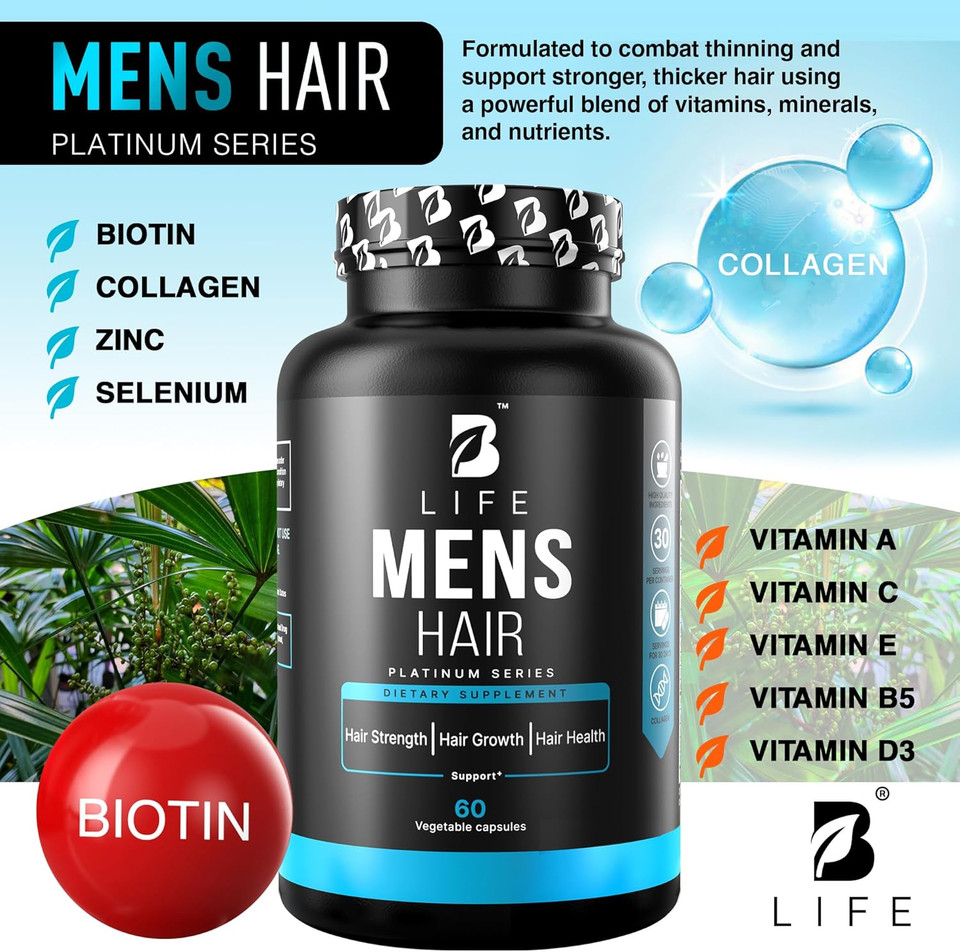 MenS Hair Supplement  60 Capsules  Biotin For Hair Growth Men  Hair Vitamins For Hair Loss For Men  Hair Supplements For Hair Growth With Collagen, Zinc, Selenium, Vitamins A,C,D,E  30 Servings