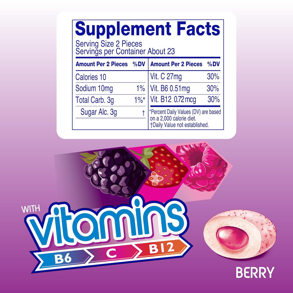 Mentos Vitamins Gum, Sugar-Free Chewing Gum With Vitamins And Xylitol Sweetener, Berry, 45 Count Bottle, 6 Bottles