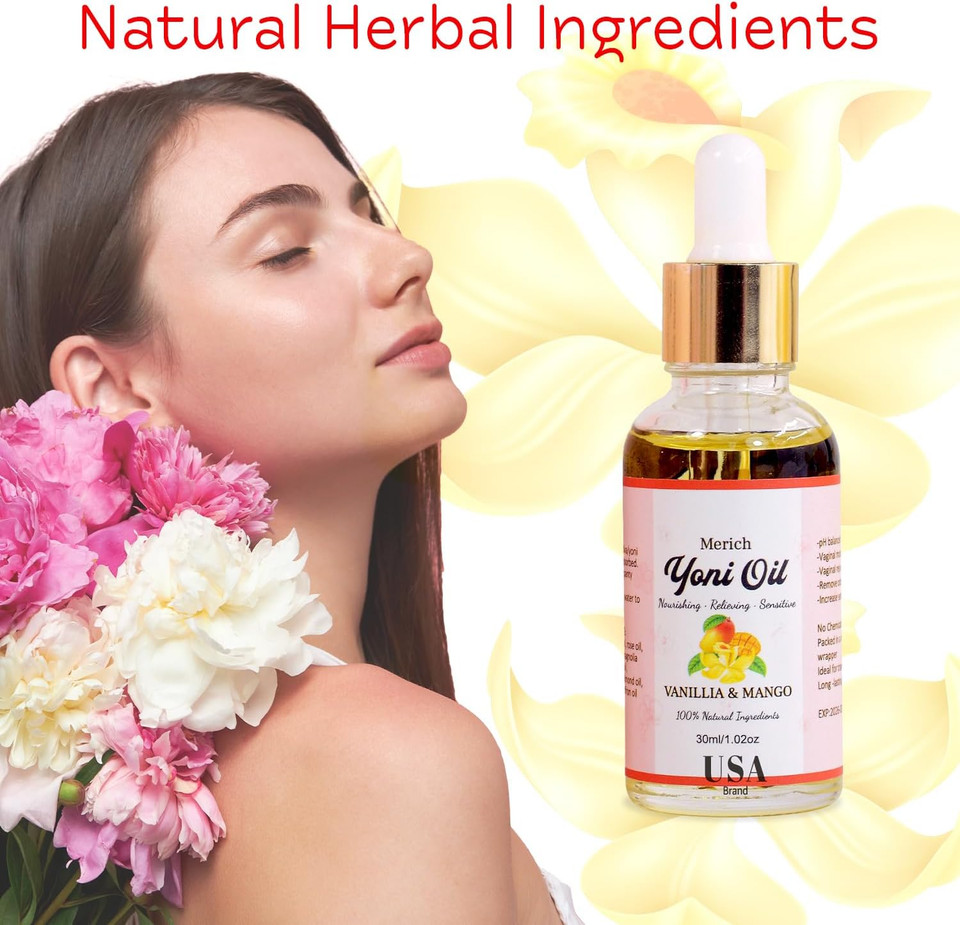 Merich Natural Yoni Oil | Feminine Yoni Detox Oil | Naturally Scented Vaginal Oil | Restores Ph Balance For Women | Eliminates Odor | Natural Vaginal Tightening And Gentle Cleansing (Vanilla & Mango)