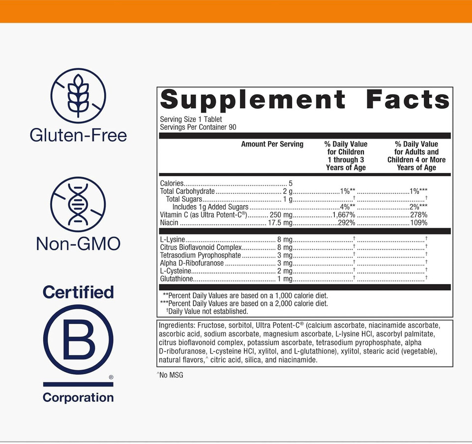 Metagenics Ultra Potent-C Vitamin C Chewable - For Immune & Antioxidant Support* - With L-Cysteine & L-Lysine - Chewable Vit C - Natural Orange Blast Flavor - Bioflavonoids Supplements - 90 Tablets