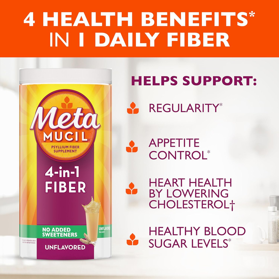 Metamucil, Unflavored Psyllium Husk Powder Fiber Supplement, Plain With No Added Sweeteners, 4-In-1 Psyllium Husk Powder For Digestive Health, #1 Doctor Recommended Fiber Brand, 114 Teaspoons
