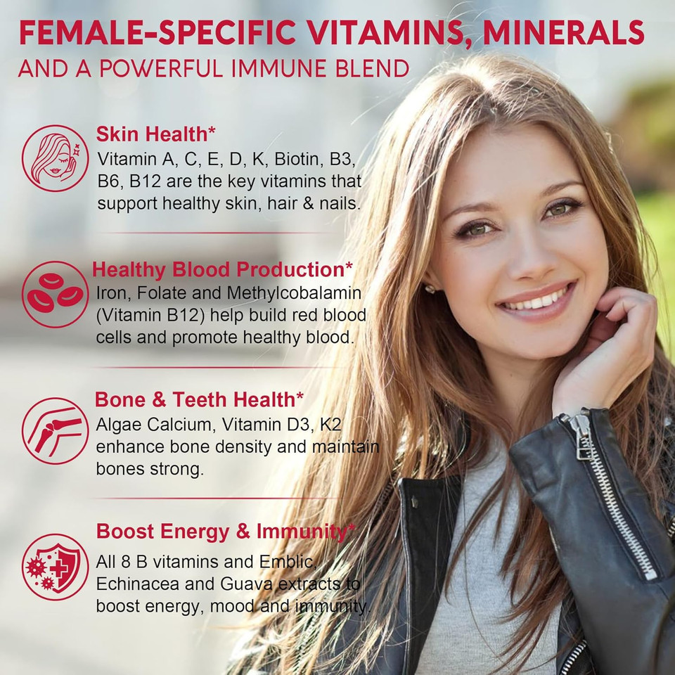 Methylated Multivitamin For Women Gummies, Calcium, D3 K2, Methylfolate & B12, Inositol, Daily Vitamin A, C, E, B Complex, Biotin, Iron - Energy, Immune, Bone, Skin Hair - Vegan, Sugar Free, 60 Count