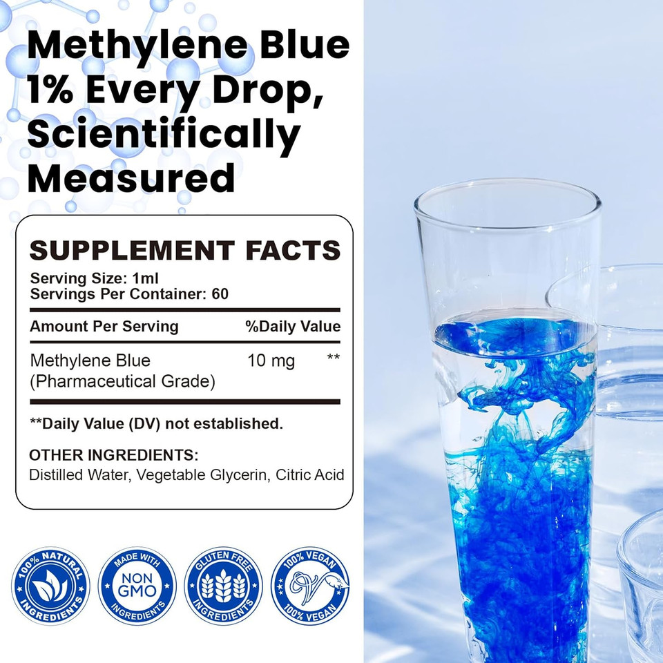 Methylene Blue Drops, Blue Methylene Pharmaceutical Grade, Usp Grade 1% Liquid Supplement For Humans Brain Health, No Formaldehyde, 2 Fl Oz